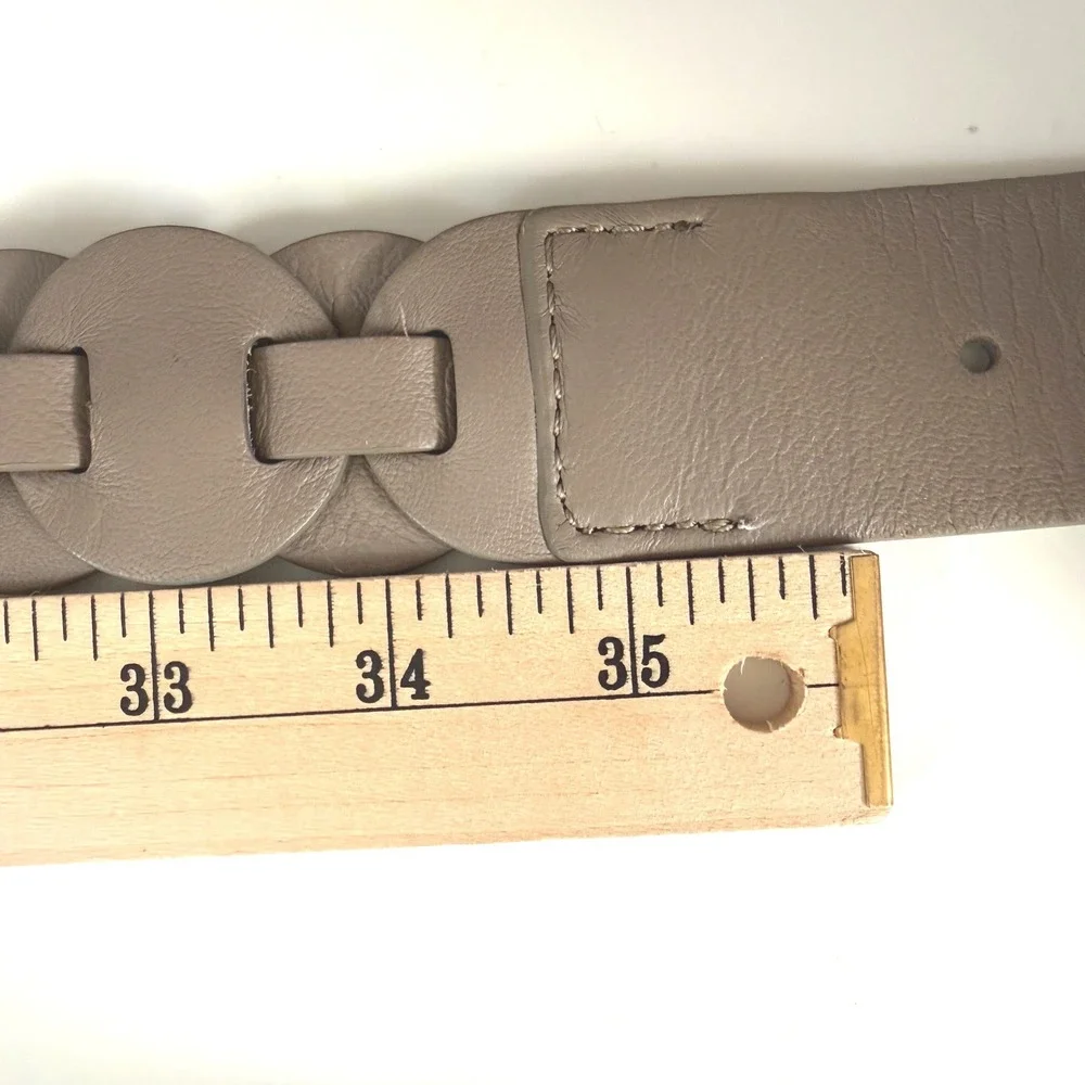 Vintage Wide Genuine‎ Leather Disc Link Belt Taupe Silver Buckle Boho Belt